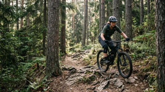 Mountain biker confidently navigating a rocky technical singletrack trail through a forest