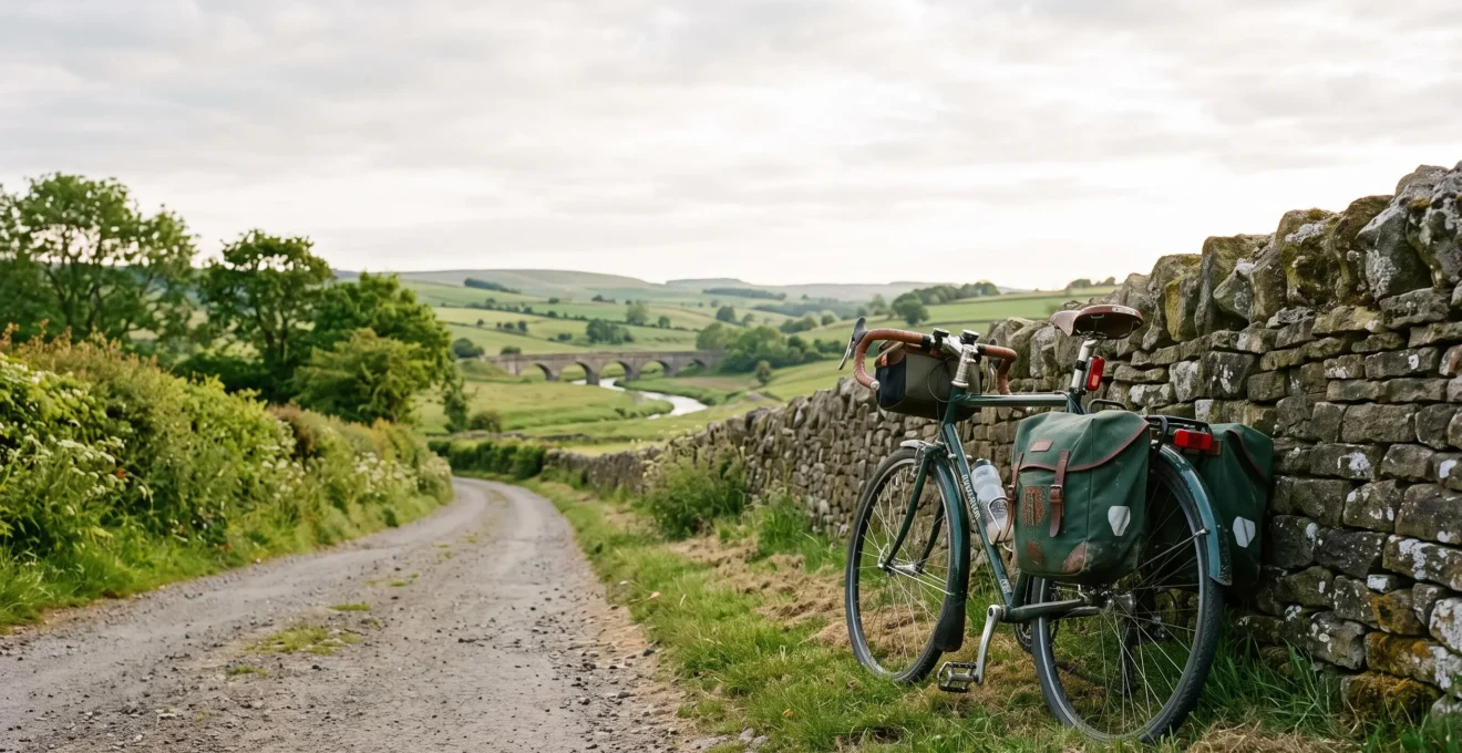 A loaded touring bicycle resting against a stone wall on a quiet British country lane at golden hour, with rolling green hills in the background