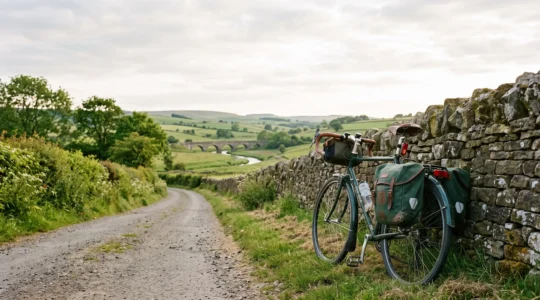 A loaded touring bicycle resting against a stone wall on a quiet British country lane at golden hour, with rolling green hills in the background