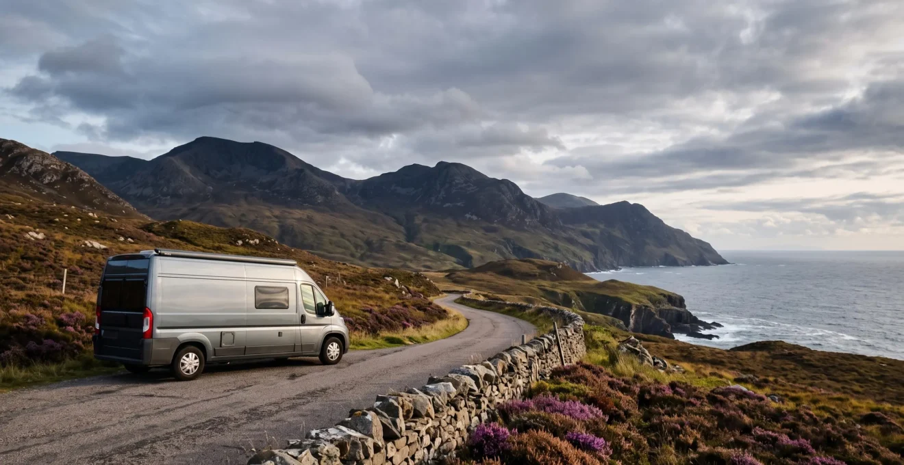 A modern campervan parked on a scenic UK coastal road at golden hour, symbolising freedom and smart travel choices