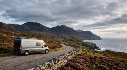 A modern campervan parked on a scenic UK coastal road at golden hour, symbolising freedom and smart travel choices