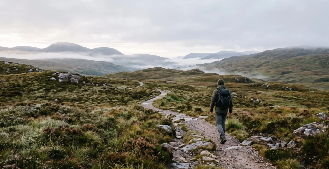 A lone hiker walking respectfully along a marked stone path through a misty UK upland national park, surrounded by untouched moorland.