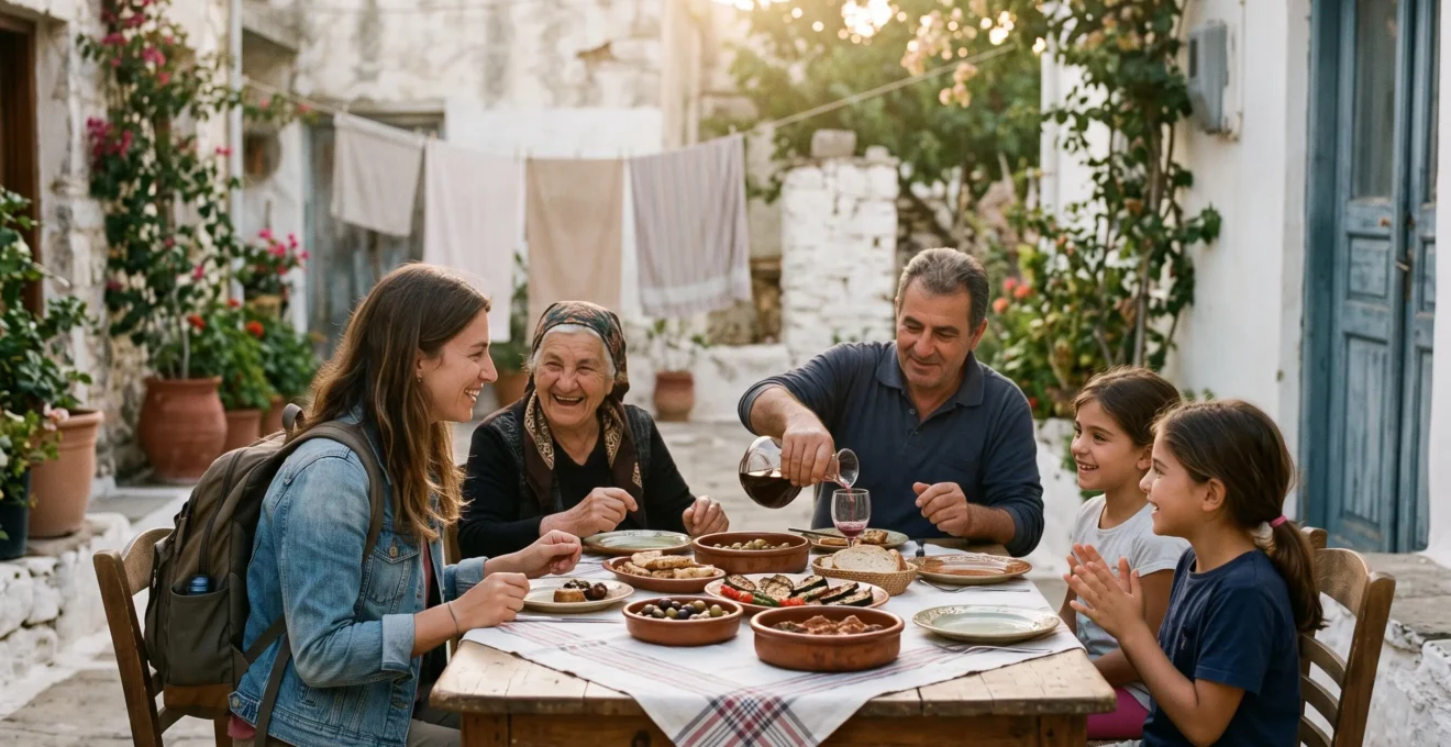 A traveler and a local host family sharing a warm meal together at a modest home table, symbolizing genuine cultural integration through homestay living