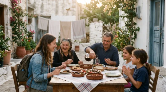 A traveler and a local host family sharing a warm meal together at a modest home table, symbolizing genuine cultural integration through homestay living