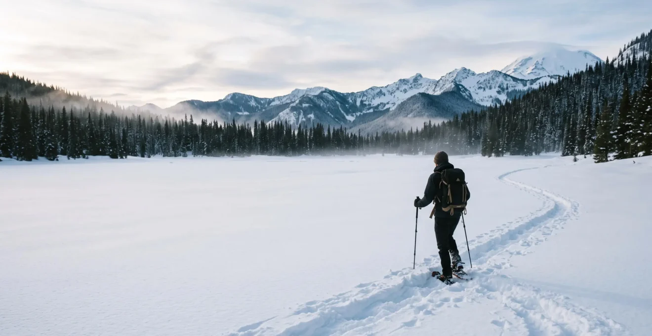 A lone snowshoer crossing a vast untouched snowfield at dawn, illustrating the transition from hiking to winter travel