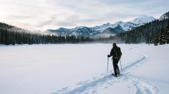 A lone snowshoer crossing a vast untouched snowfield at dawn, illustrating the transition from hiking to winter travel