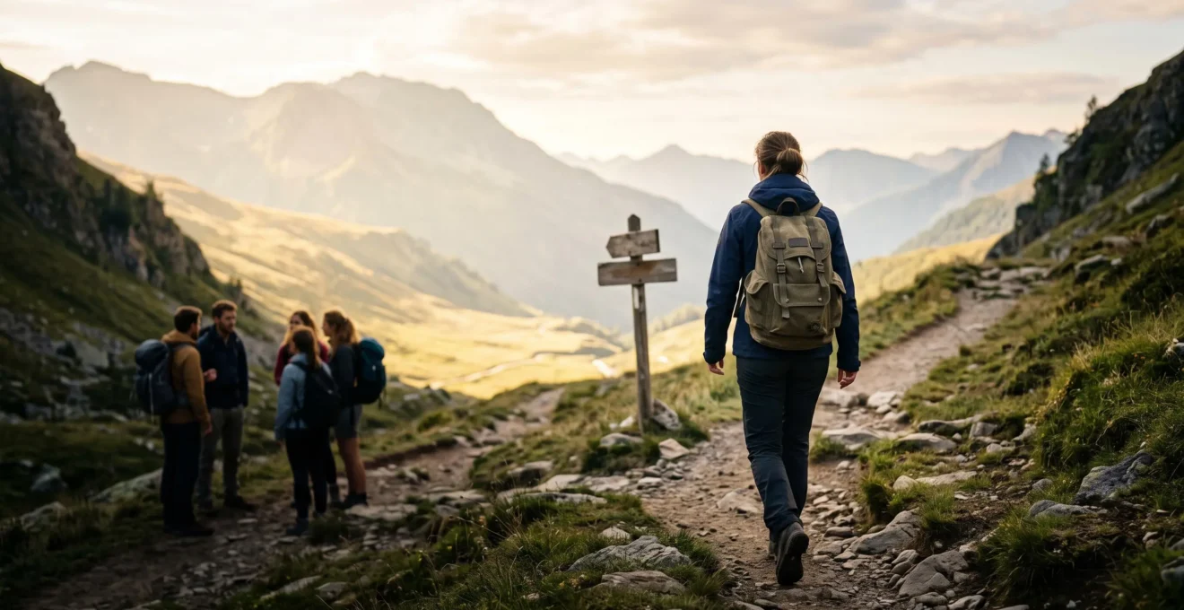 A lone hiker walking confidently away from a blurred group of silhouettes toward a sunlit mountain trail, symbolizing the transition from group hiking to solo adventure