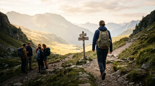 A lone hiker walking confidently away from a blurred group of silhouettes toward a sunlit mountain trail, symbolizing the transition from group hiking to solo adventure