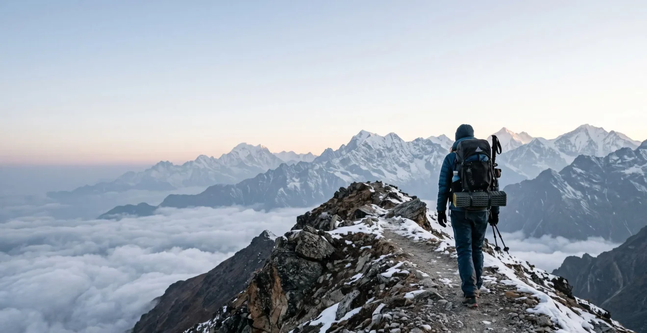 A lone hiker ascending a high-altitude mountain ridge at sunrise, illustrating the challenge of a first high-altitude summit attempt