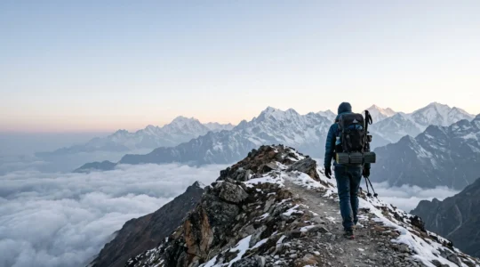 A lone hiker ascending a high-altitude mountain ridge at sunrise, illustrating the challenge of a first high-altitude summit attempt