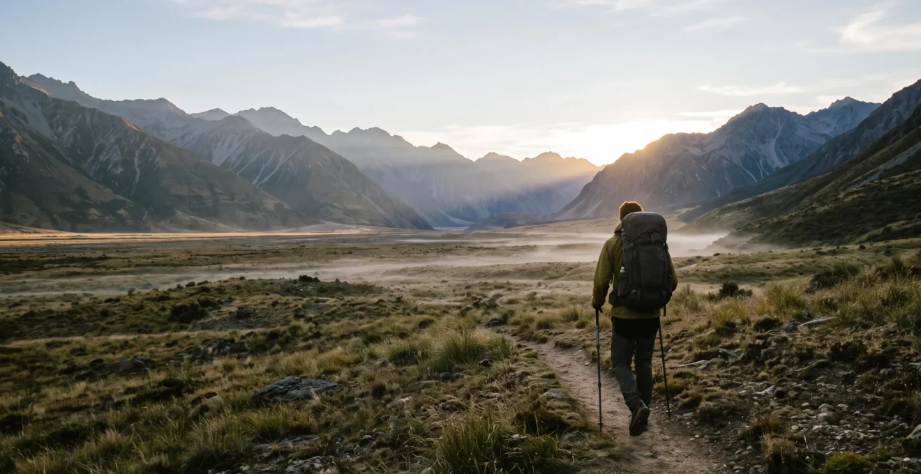 A solo trekker with a loaded backpack crossing a vast remote mountain valley at dawn, symbolizing careful long-distance expedition planning