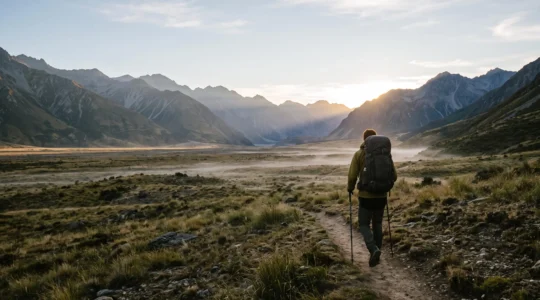 A solo trekker with a loaded backpack crossing a vast remote mountain valley at dawn, symbolizing careful long-distance expedition planning