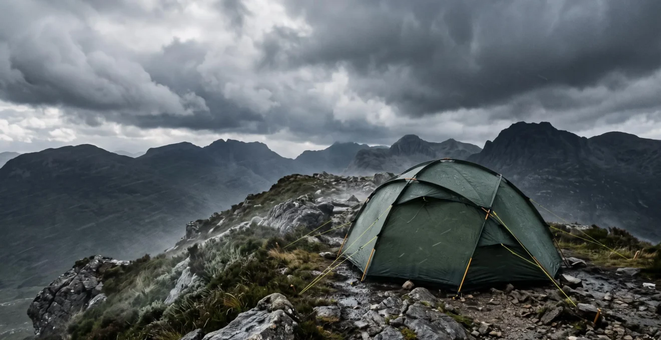 A robust mountaineering tent pitched on an exposed UK mountain ridge holding firm against dramatic storm weather
