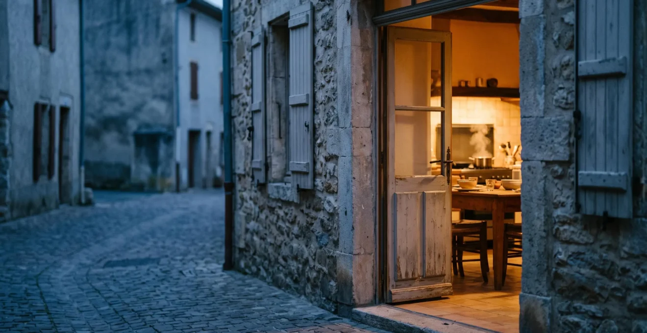 A warm doorway opening from a cobbled street into a softly lit home kitchen, symbolizing the passage from tourism to authentic cultural immersion