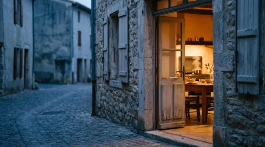 A warm doorway opening from a cobbled street into a softly lit home kitchen, symbolizing the passage from tourism to authentic cultural immersion