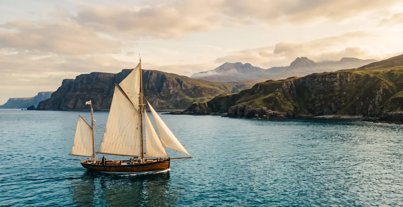 A traditional sailing yacht crossing calm water off a rugged, uninhabited Scottish island coastline at golden hour