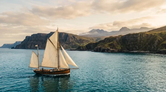 A traditional sailing yacht crossing calm water off a rugged, uninhabited Scottish island coastline at golden hour