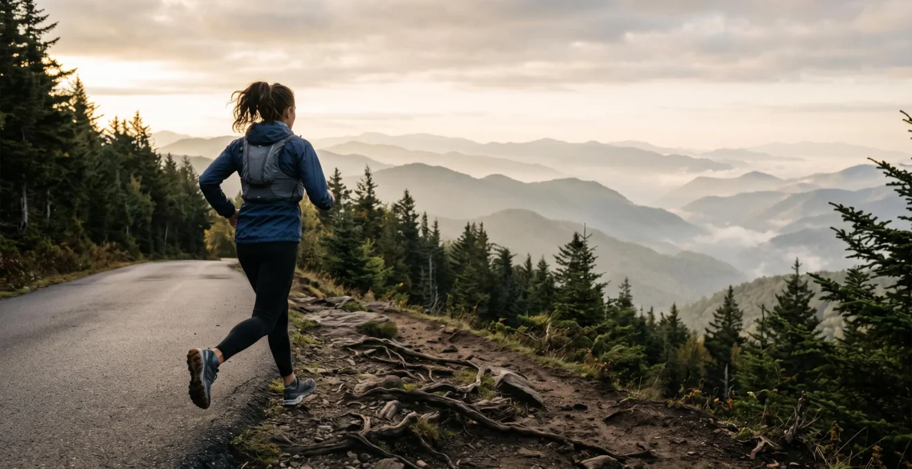A trail runner mid-stride transitioning from a paved road onto a rugged mountain trail at golden hour