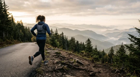 A trail runner mid-stride transitioning from a paved road onto a rugged mountain trail at golden hour