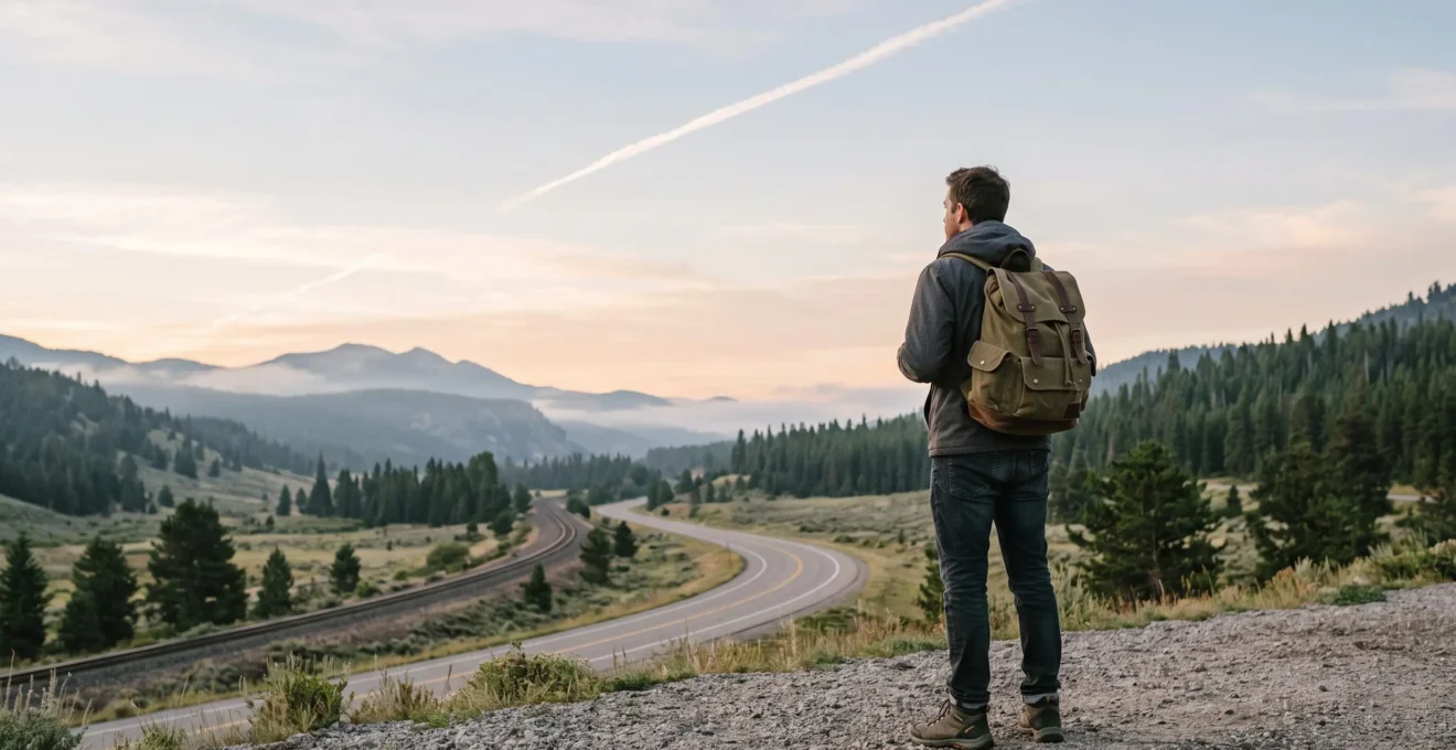A lone traveler with camping gear standing at a misty trailhead at dawn, contemplating the environmental impact of different journeys ahead