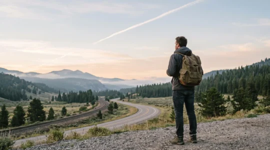 A lone traveler with camping gear standing at a misty trailhead at dawn, contemplating the environmental impact of different journeys ahead