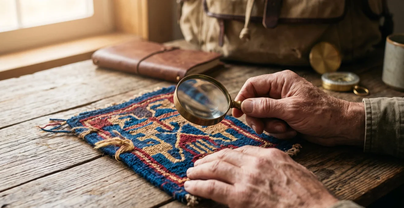 A traveler's hands examining a woven textile badge and a magnifying glass beside travel documents, symbolizing the verification of genuine ethical tourism credentials