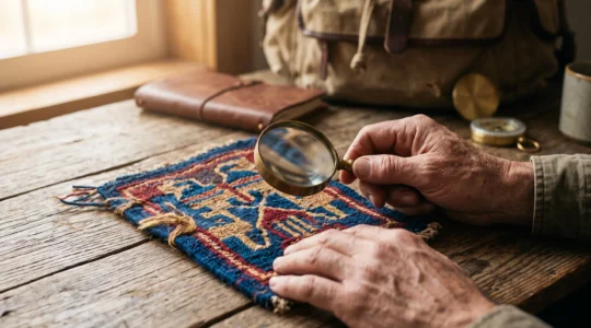 A traveler's hands examining a woven textile badge and a magnifying glass beside travel documents, symbolizing the verification of genuine ethical tourism credentials