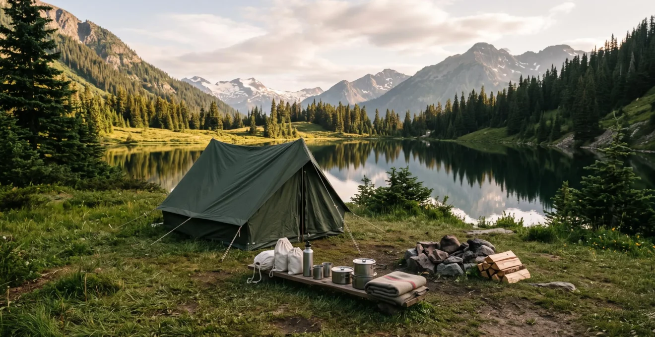 Wide editorial view of a minimalist multi-day campsite with reusable gear set against a vast wilderness landscape at golden hour