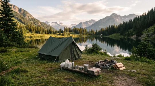 Wide editorial view of a minimalist multi-day campsite with reusable gear set against a vast wilderness landscape at golden hour